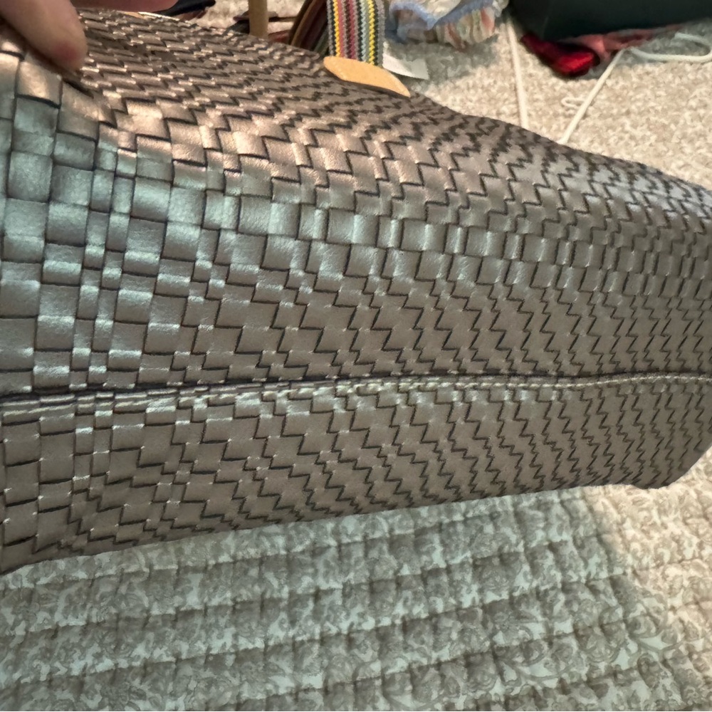 Consuela Metallic Woven Tote Bag with Colorful Strap - Silver with tassel. - Picture 7 of 11